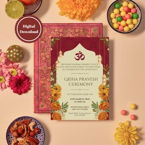 May include: A red and gold invitation card with floral accents and a decorative archway. The text reads "MR & MRS SHARMA WARMLY INVITE YOU AND YOUR FAMILY TO JOIN THEM IN CELEBRATING THE AUSPICIOUS GRIHA PRAVESH CEREMONY OF THEIR NEW HOME ON 23TH MARCH, 2025 AT 8:00 AM 123 NEW HOME STREET, HEW CITY. ST 12345 Kisly RSVP to Sare Shares (123) 123-1234"