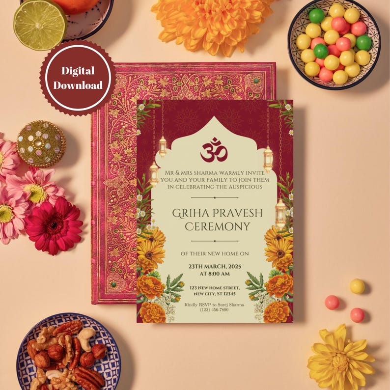 May include: A red and gold invitation card with floral accents and a decorative archway. The text reads "MR & MRS SHARMA WARMLY INVITE YOU AND YOUR FAMILY TO JOIN THEM IN CELEBRATING THE AUSPICIOUS GRIHA PRAVESH CEREMONY OF THEIR NEW HOME ON 23TH MARCH, 2025 AT 8:00 AM 123 NEW HOME STREET, HEW CITY. ST 12345 Kisly RSVP to Sare Shares (123) 123-1234"