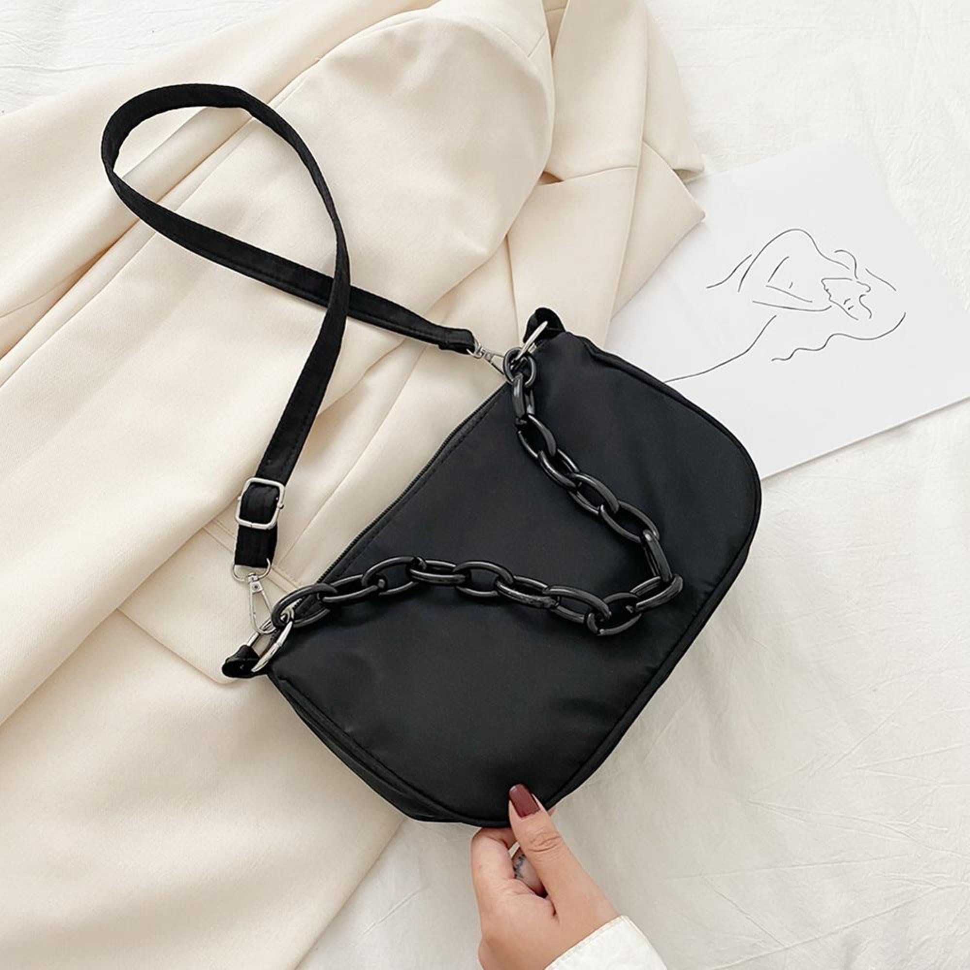 chain embellished leather and recycled nylon shoulder bag