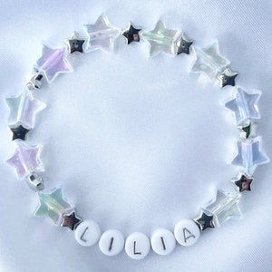 SILVER STAR PERSONALISED Iridescent Stretch Bracelet | Girls Party Bracelet | Girls Name Bracelet | Girls Star Jewellery