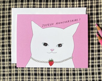 Cute Cat Birthday Card French Birthday Gift Friend Birthday Card for Cat Lover Birthday Card Birthday Pink Card for White Cat Owner