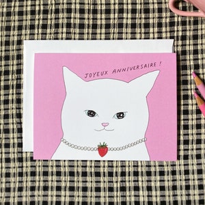 Cute Cat Birthday Card French Birthday Gift Friend Birthday Card for Cat Lover Birthday Card Birthday Pink Card for White Cat Owner