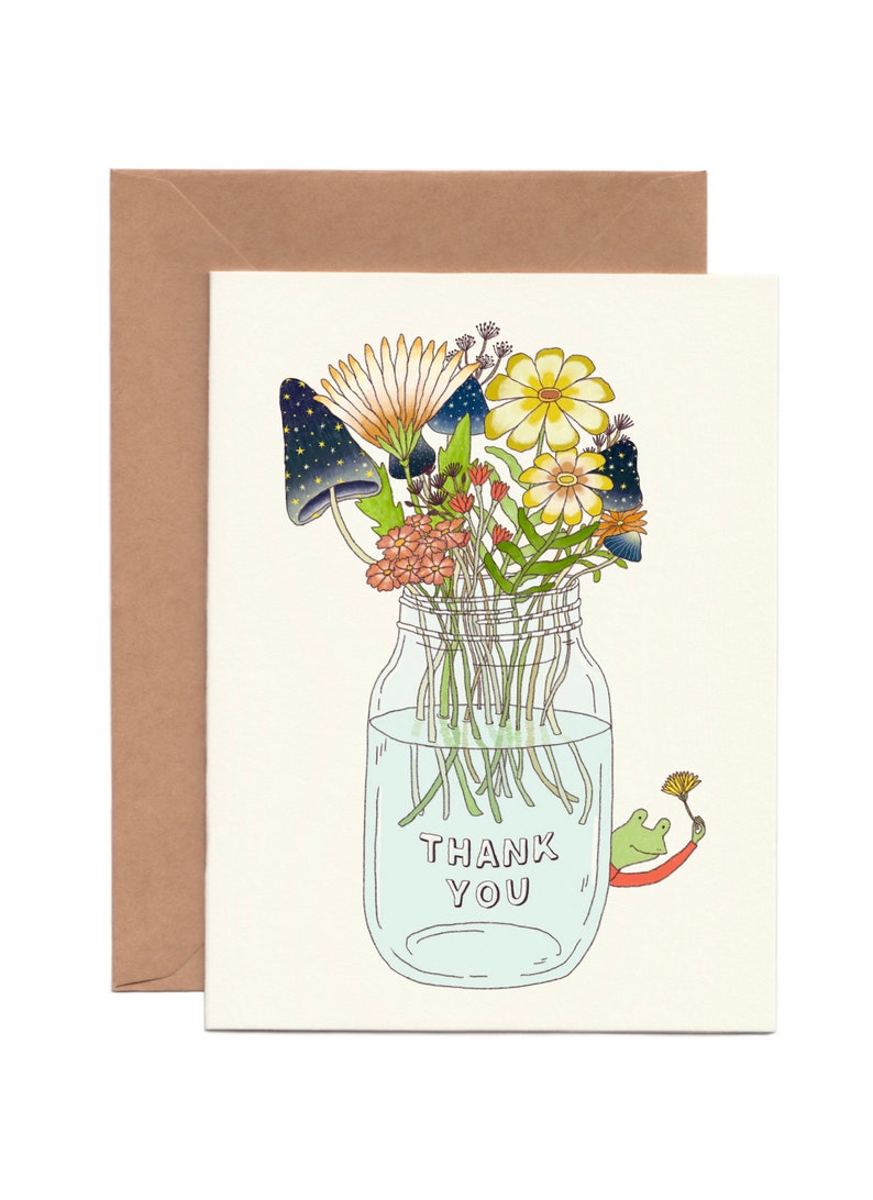 Cute Thank You Card Flower Card Thank You Mushroom Card for Mushroom Lover Card Cute Frog Illustration Simple Card Mason Jar image 3