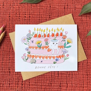 Jolie carte d'anniversaire chat française pour ami Carte d'anniversaire pour amoureux des chats Carte d'anniversaire Gâteau d'anniversaire Fraises et fleurs
