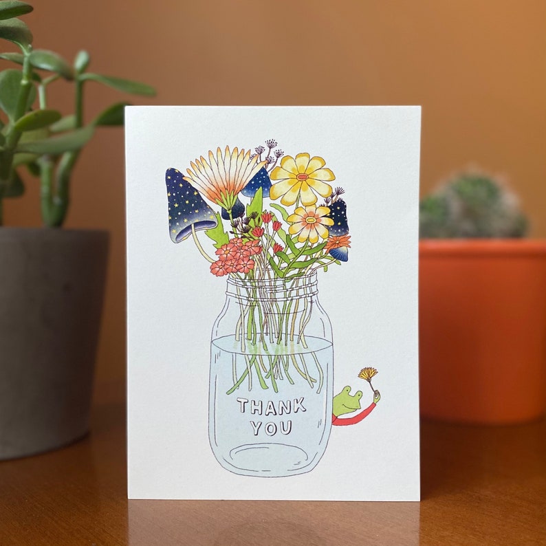 Cute Thank You Card Flower Card Thank You Mushroom Card for Mushroom Lover Card Cute Frog Illustration Simple Card Mason Jar image 1