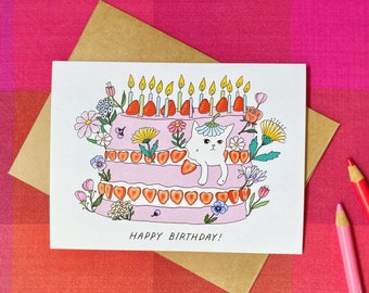 Cute Cat Birthday Card for Friend Birthday Card for Cat Lover Birthday Card Pink Birthday Cake Strawberries and Flowers