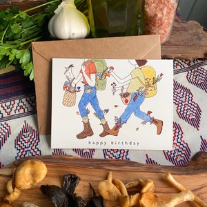 Jolies cartes d'anniversaire pour amateur de champignons Carte d'anniversaire en plein air Carte de randonneur Carte d'anniversaire pour cueillette de champignons Illustration de couple Forager