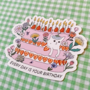 Sticker chat mignon Sticker imperméable pour amoureux des chats Sticker lavable au lave-vaisselle Sticker bouteille d'eau Sticker pour ordinateur portable Gâteau aux fraises