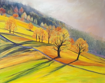 Oil painting on canvas. 60x50cm. Autumn in the Beskid Mountains.