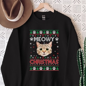 Suéter navideño feo con foto personalizada, sudadera navideña Meowy, sudadera con capucha de gato personalizada, regalo de Navidad personalizado