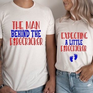 Patriotic Pregnancy Shirt, Expecting a Little Firecracker Tee, The Man Behind the Firecracker T-shirt, Patriotic Baby Reveal Clothing