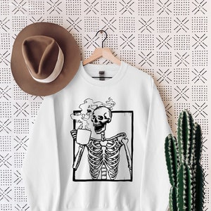 Hot Coffee Skeleton Sweatshirt, Skeletons Halloween Oversized Sweatshirt, Halloween Shirt, Halloween Flower Skull Sweatshirt,Skull Halloween