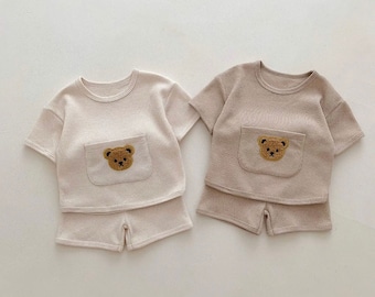 Summer Baby Clothing Set Toddler Bear Waffle Short Sleeve T-Shirt + Shorts Two-Piece Set beige cream brown