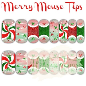 May include: A sheet of nail art stickers with a Christmas theme. The stickers feature red, green, and white designs, including candy cane swirls, glitter, and Mickey Mouse silhouettes. The text "Merry Mouse Tips" is at the top.