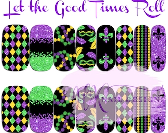May include: Set of 10 nail wraps with a Mardi Gras theme. The wraps feature a variety of designs, including green, purple, and gold glitter, beads, masks, and fleur-de-lis. The text "Let the Good Times Roll" is printed at the top of the image.
