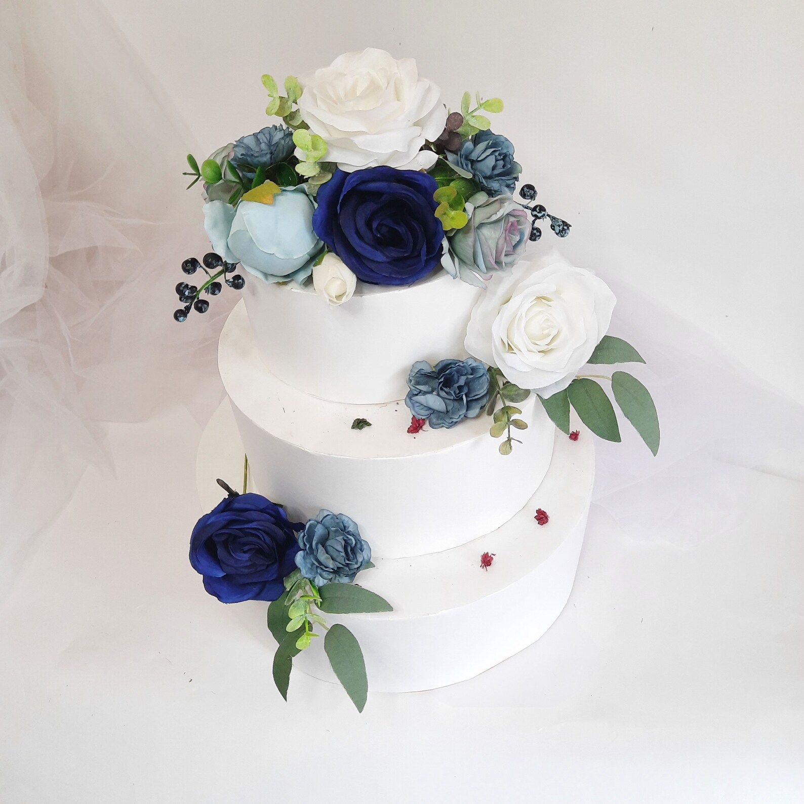 Wedding Cake Topper White and Navy Cake Flowers Dusty Blue Etsy
