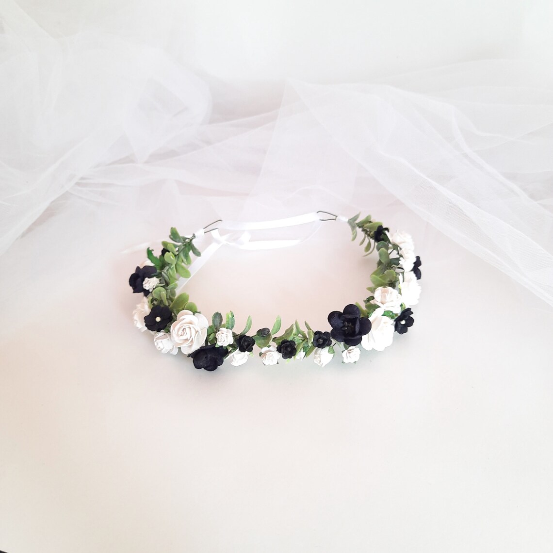 White and black flower crown Black flower crown Flower head Etsy
