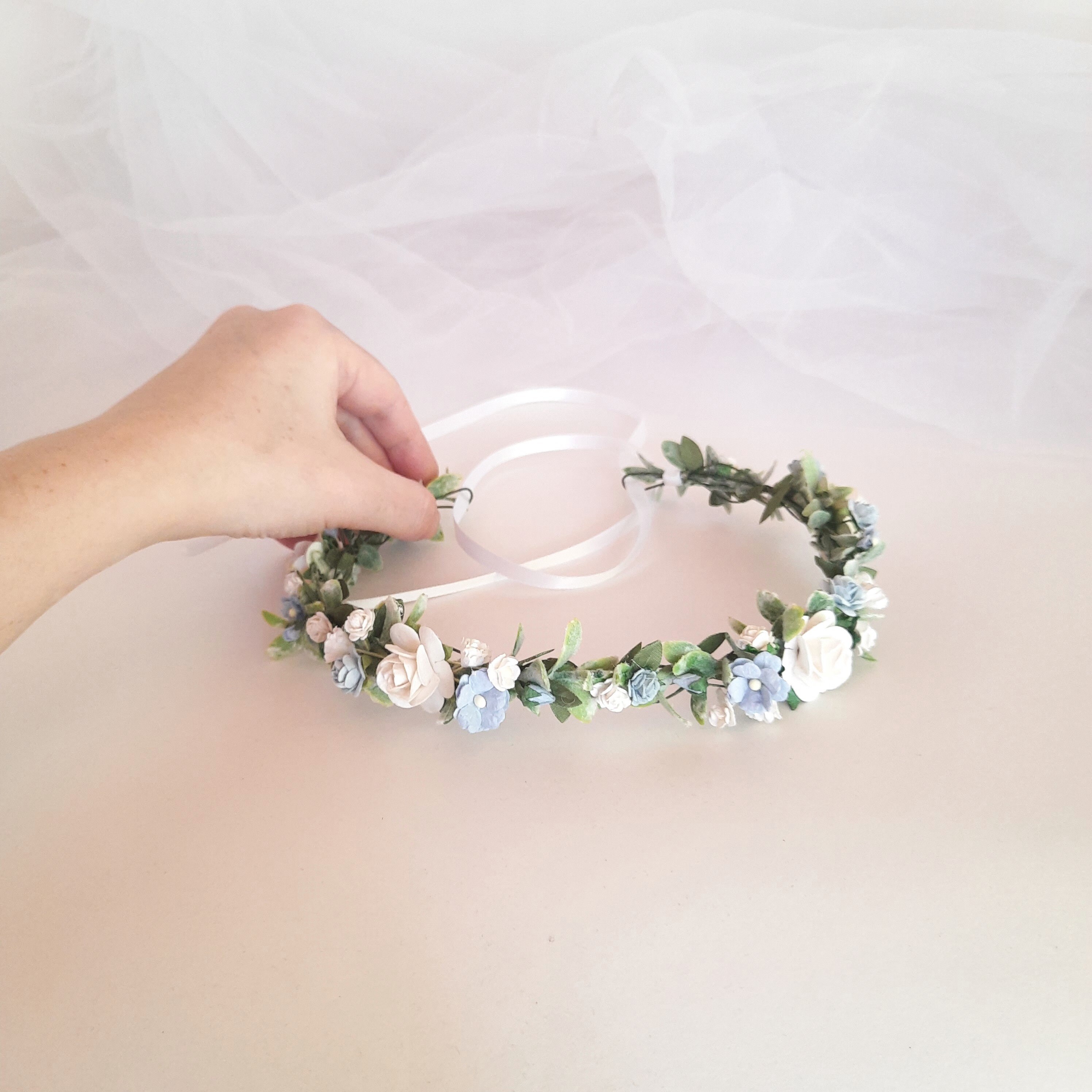 Dusty blue flower crown Flower crown wedding Blue and white Etsy
