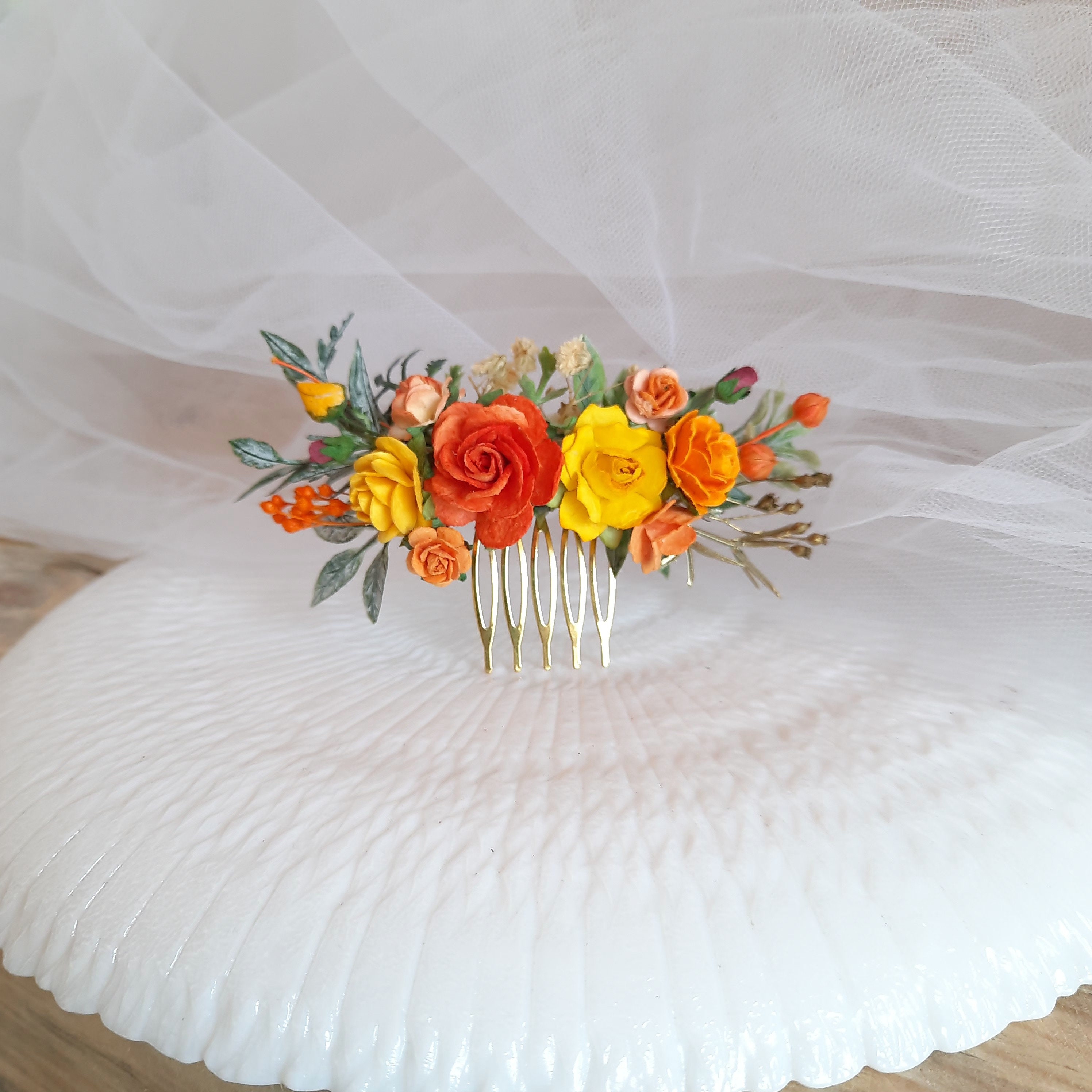 Flower hair comb Rust orange yellow hair comb Wedding flower Etsy