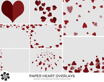 May include: A set of nine digital overlays featuring red paper hearts in various arrangements. The overlays include a single large heart, a border of hearts, a scattering of hearts, and a stream of hearts.