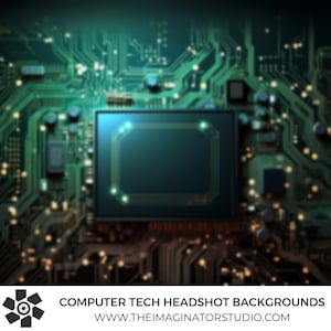 May include: A close-up of a circuit board with a glowing green chip in the center. The chip has a rectangular shape with rounded corners and a dark gray color. The circuit board is a dark green color with gold-colored traces.