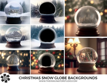 May include: A collection of Christmas snow globes with various winter scenes inside. Each globe sits on a dark wooden base. The scenes include houses, mountains, and Christmas trees. The text "CHRISTMAS SNOW GLOBE BACKGROUNDS" is at the bottom.