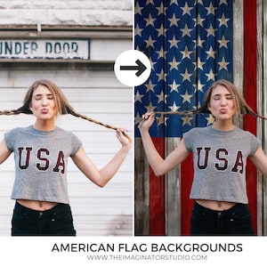 May include: A woman with long blonde hair is wearing a grey t-shirt with the word "USA" printed on it. She is standing in front of a white wall with a sign that reads "Parking Under Door". The background is a faded American flag.
