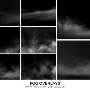 May include: Nine different images of fog overlays, each with a different density and shape. The fog is white and appears to be floating in the air. The background is black.