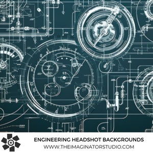 Puede incluir: Un fondo azul oscuro con líneas y círculos blancos que forman un diagrama de ingeniería complejo. El texto "ENGINEERING HEADSHOT BACKGROUNDS" y "WWW.THEIMAGINATORSTUDIO.COM" está en la parte inferior de la imagen.