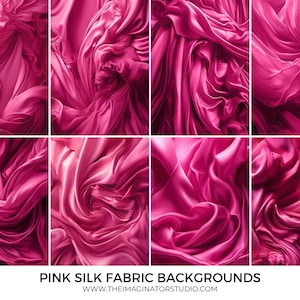 May include: Eight images of pink silk fabric arranged in a grid. The fabric is draped and folded in various ways, creating a variety of textures and patterns.