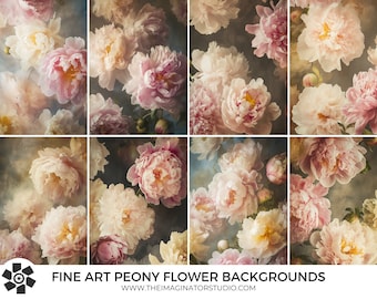 May include: A collage of nine images featuring delicate pink and white peony flowers with soft, blurred backgrounds. The flowers are arranged in a variety of compositions, creating a romantic and ethereal aesthetic. The text "FINE ART PEONY FLOWER BACKGROUNDS" is displayed at the bottom of the collage.