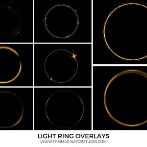 Puede incluir: Nueve superposiciones de anillos de luz dorados sobre un fondo negro. Los anillos son de diferentes tamaños y tienen un brillo suave.