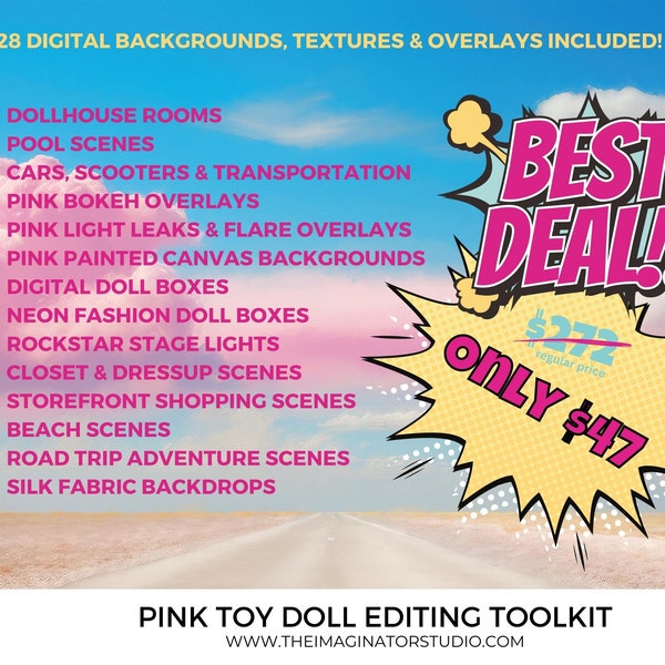 Pink Toy Doll Editing Toolkit Bundle Savings | Fashion Doll | Digital background | Digital Backdrop | Photoshop | Photography | Pink Doll