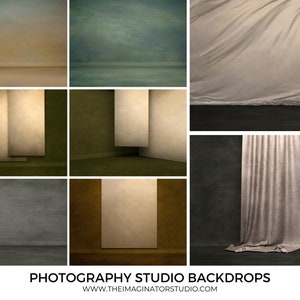 Puede incluir: Una colección de 10 fondos de estudio fotográfico, que incluyen un fondo azul claro con nubes, un fondo marrón claro con un horizonte, un fondo de tela blanca, un fondo gris oscuro con una cortina de tela blanca, un fondo marrón claro con un panel vertical, un fondo verde oscuro con un panel vertical, un fondo marrón claro con un panel vertical, un fondo gris oscuro, un fondo marrón claro con un panel vertical y un fondo verde oscuro.