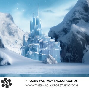 May include: A large, icy blue castle stands tall in a snowy mountain landscape. The castle is made of ice and has many towers and spires. The mountains are covered in snow and ice. The sky is blue and there are some clouds in the sky.