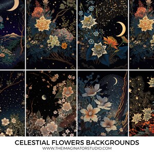 May include: A collection of eight digital art prints featuring celestial flowers with a dark blue background and a crescent moon. The flowers are white, yellow, and blue with a starry night sky.