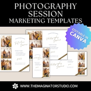 Könnte beinhalten: Marketing-Vorlagen für Fotoshootings. Das Design zeigt eine Familie in herbstlicher Umgebung. Die Vorlagen enthalten den Text "Photography Session" und "Editable in Canva". Die Website-Adresse lautet www.theimaginatorstudio.com.