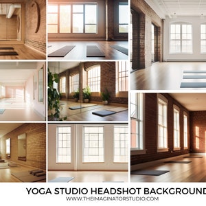 May include: A collection of nine photos showcasing different yoga studio spaces with brick walls, large windows, and wooden floors. The photos feature various angles and lighting conditions, providing a variety of backdrops for headshots.