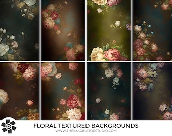 May include: A set of eight digital floral backgrounds featuring various arrangements of pink, white, and red flowers with green leaves on a dark brown background. The backgrounds are textured and have a vintage feel.