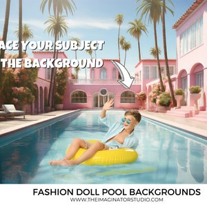 May include: A pink mansion with a swimming pool and palm trees. The text "PLACE YOUR SUBJECT IN THE BACKGROUND" is written in white on a black background.