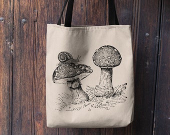 Mushroom and Snail Tote Bag, Goblincore Tote Bag, Cottagecore design, Indie bag, Goblincore aesthetic, Mystical and witchy tote bag