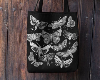 Moth Tote Bag Cottagecore Aesthetic Goblincore Tote Bag Dark Academia Witchy Black Tote Bag Mystical Indie Tote Bag Butterfly Canvas Bag
