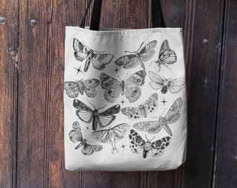 Moth Tote Bag Cottagecore Aesthetic Goblincore Tote Bag Dark Academia Bag Witchy Tote Bag Mystical Indie Tote Bag Butterfly Canvas Bag