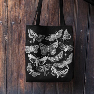 Moth Tote Bag Cottagecore Aesthetic Goblincore Tote Bag Dark Academia Witchy Black Tote Bag Mystical Indie Tote Bag Butterfly Canvas Bag
