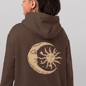 Mystical Hoodie, Sun and Moon Sweatshirt, Brown hoodie, Celestial Sweatshirt, Cozy oversized hippie hoodie, aesthetic hoodie, dark academia