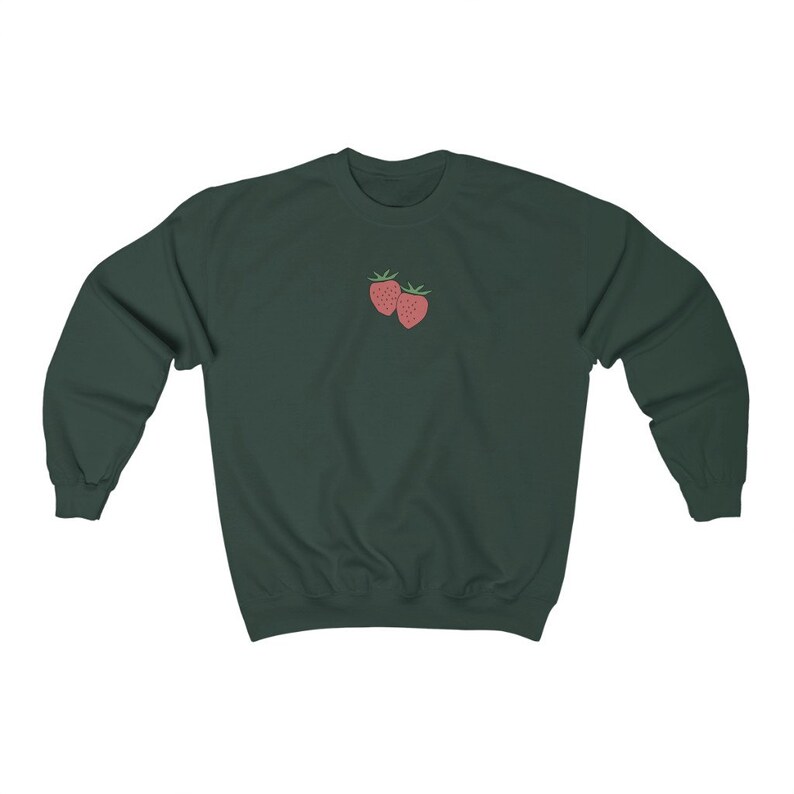 May include: A dark green sweatshirt with a small embroidered image of two red strawberries on the front.