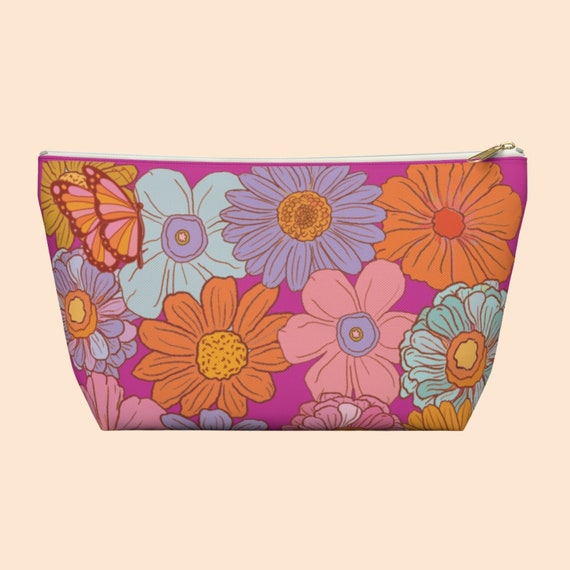 Floral Pencil Pouch, Makeup Pouch 70s Style Accessory Pouch