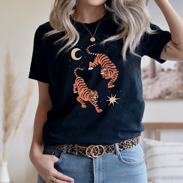 Sun and Moon Aesthetic Tiger Shirt, Celestial Design, Boho Tee, Hippie Shirt, Tiger Shirt, Sun and Moon Tee, Indie Clothing, Graphic tee