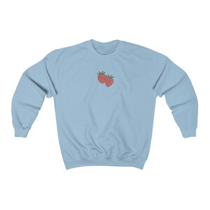 May include: A light blue sweatshirt with a small embroidered design of two red strawberries on the front.