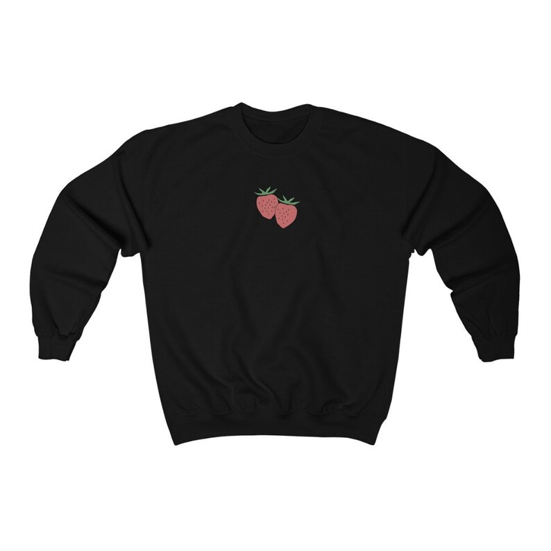 May include: Black sweatshirt with a small embroidered design of two red strawberries on the front.